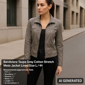 Bandolera Taupe Grey Cotton Stretch Moto/military Jacket Lined pockets Size L